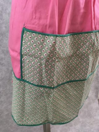 vintage half apron pink green floral 18 x 19 inches 2 front pockets 2