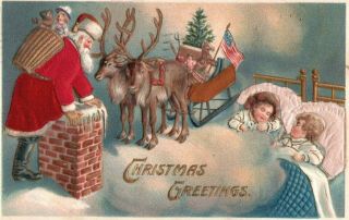 Silk Santa Claus With Sleeping Children And Reindeer Antique Christmas Postcard