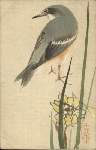 Japan Japanese Art Bird Grass Flower Hand Painted? C1910 Postcard