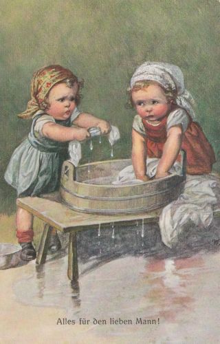 W.  Fialkowska.  Little Girls Do Washing In An Old Tub