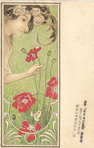 Art Nouveau,  Young Lady With Red Flowers,  Old Postcard Pre.  1905