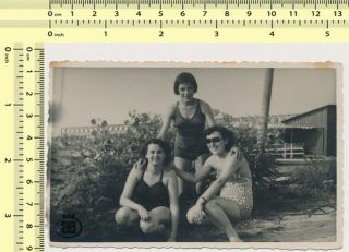 005 Three Women In Swimsuits,  Ladies Swimwear Females Beach Old Photo