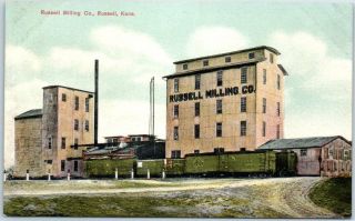 Russell,  Kansas Postcard Russell Milling Co.  Flour Mill Rail Cars C1910s