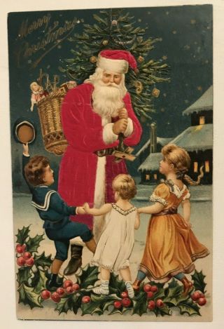 Silk Santa Claus With Dancing Children Toys Antique Christmas Postcard - C804
