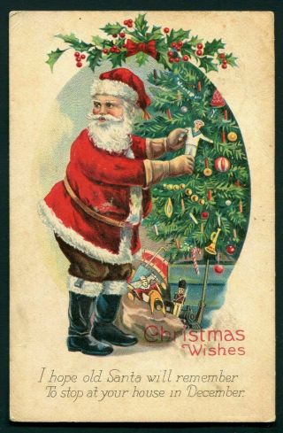 Santa Claus Putting Toys Under The Tree Vintage Christmas Postcard - C506