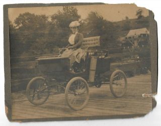 Horseless Carriage Motor Buggy With Lady Driving Over Wooden Bridge Photograph
