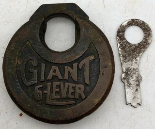 Antique Giant 6 Lever Pancake Padlock With Key Push Lock Vintage Great