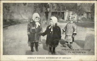American & Chinese Children Play Chicago Il Social History C1910 Postcard