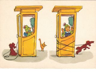 1956 Very Rare Girl In Phone Booth Cat Dog Old Russian Soviet Postcard