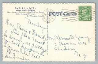 Empire Hotel MIAMI BEACH Vintage Linen Postcard Early ART DECO Architecture 1937 2