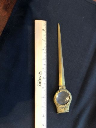 Vintage Brass Figural Owl Letter Opener With Magnifying Glass Heavy Unique