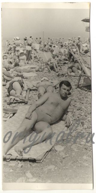 Photo 1960 Beach Sea Resort Man Lying Sunbathing Guy Trunks Gay Vintage