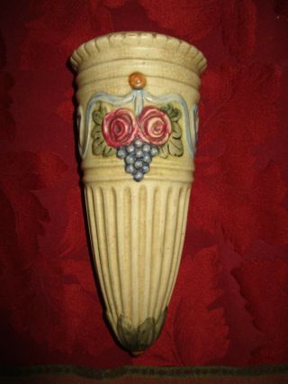 Vintage 1970s Wall Sconce Flower Grape Wine Vase Tuscan Art Decor 7 " Ceramic