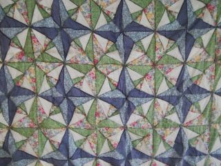 Vintage Quilt 80x75 " Blue & Green Star Throw Blanket - Country Prim Cottage Chic