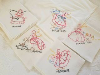 5 Vintage Hand Embroidered Kitchen Tea Towels Flour Sack Muslin Dutch Girl Chore