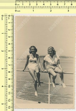 Two Pretty Bikini Women Swimwear Ladies Pose On Beach Fashion Old Photo