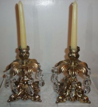 Antique Marble Brass Crystal Prism Candle Holders Candelabras