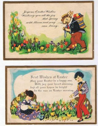 Easter Postcards (2) Rabbits Children Chicks Flowers Gold Border