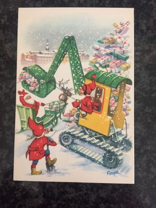 Vintage Mini Swedish Christmas Postcard Gnomes Elf Crane Presents Fingal God Jul