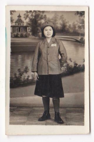 Chinese Pla Air Force Woman Studio Photo Painted Backdrop China 1950s