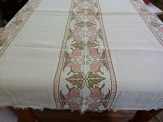 Tablecloth Vintage Embossed Off White Green Leaves & Pink Grapes Estate 55 X 71 "