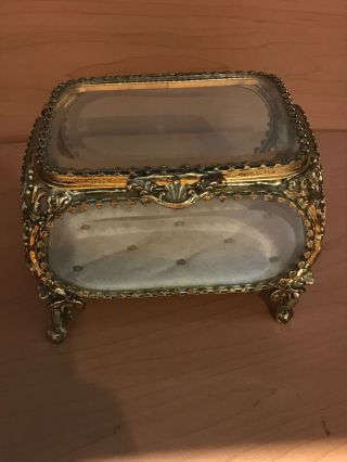 Antique Beveled Glass Ormolu Gilt Jewelry Casket Trinket Box
