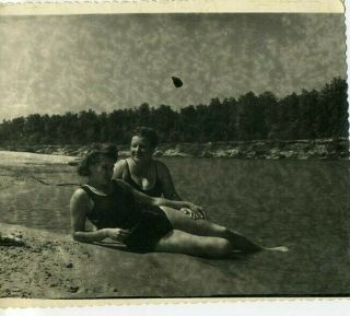 1940s Two Women Swimsuits River Bank Russian Vintage Photo