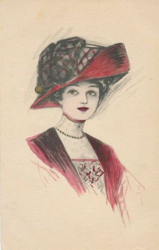 Young Woman Wearing Big Hat – Hand Colored Postcard