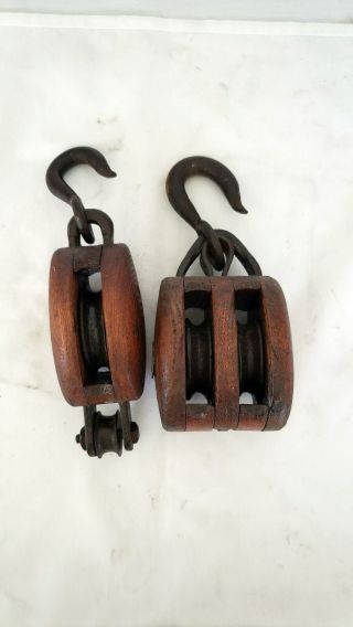 Vintage Wooden Block And Tackle Pair 2