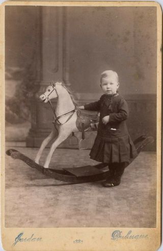 Little Blond Boy Tending His Wooden Rocking Horse,  Cute Cabinet Card Photo