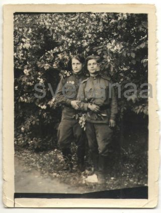 Two Friends Soldiers Couple Guys Romantic Young Men Hug Flower Gay Vintage Photo