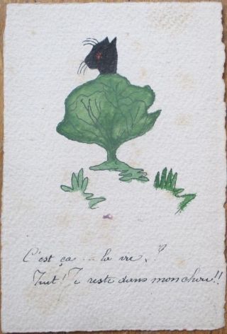 Black Cat In Lettuce 1920s Art/hand - Drawn/painted Postcard