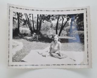Vintage Photo 1952 Portrait Snapshot Young Woman Swimsuit Outside Picnic Z2