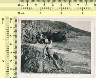 Swimsuit Woman Pose On Beach Rock,  Swimwear Lady Portrait Old Photo