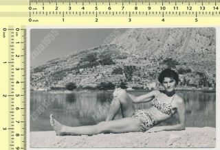 Bikini Woman Laying On Beach,  Swimwear Lady Portrait Old Photo Snapshot