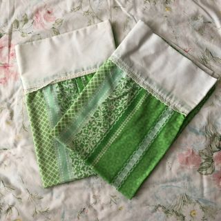 Vintage Pillowcases,  Pair Green Calico Stripe Pillow Cases,  Fieldcrest Standard