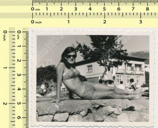 Pretty Bikini Woman,  Swimsuit Lady With Shades On Beach Old Photo