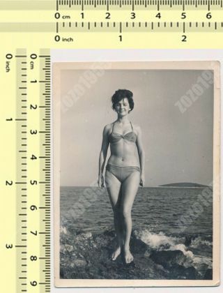 Pretty Bikini Woman Pose On Beach,  Swimsuit Swimwear Lady Old Photo