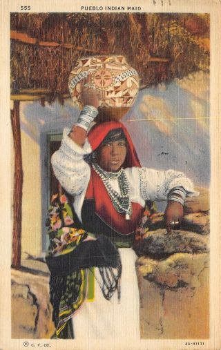 Pueblo Indian Maid Pottery Water Carrier 1937 Postcard Phoenix Arizona Cancel