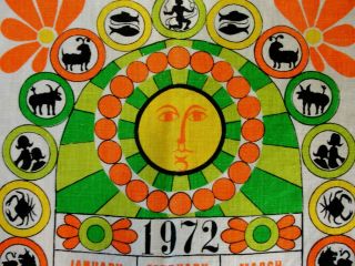 Rare Vintage 1972 B&d Hippie Zodiac Calendar Tea Towel Peter Max Sun God Flowers
