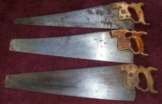 3 Vintage D - 8 Henry Disston Hand Saws - 1 With Thumb Hole Guide