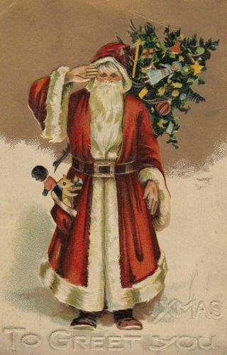 Unusual Santa Claus Saluting With Tree & Black Doll 1910 Christmas Postcard - C791