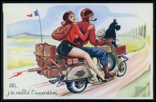 Sexy Pinup & Scottie Dog Motorcycle Vespa Scooter Humor 1950s Postcard