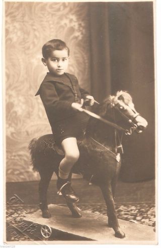 Vintage Photo Young Boy On Antique Primitive Rocking Horse 25