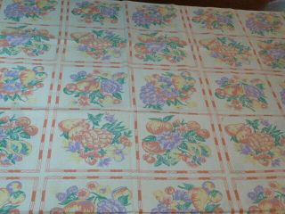 Vintage Cotton Printed Tablecloth Blocks Fruit Cherries Pineapple Grapes