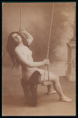 Photogravure Long Hair Nude Woman On Swing 1900s Postcard
