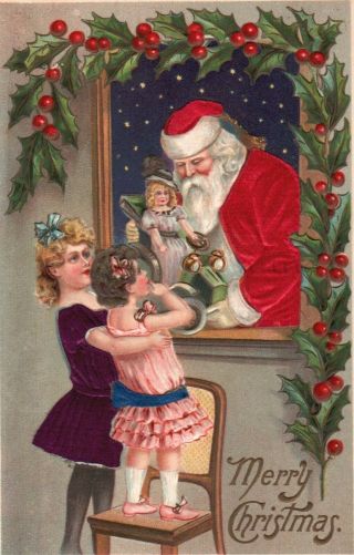 Silk Santa Claus With Children And Toys At The Window Antique Christmas Postcard