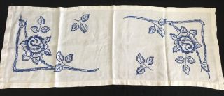Table Runner Vintage Blue Ivory Cross Stitch Floral Roses 36 X 14