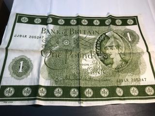Vintage Pure Irish Linen Tea Towel Ulster Bank Of Britain One Pound Bill Note