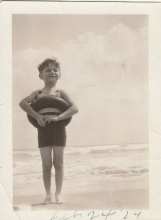 Vintage Photo Cute Little On Beach Holding Swim Tube Ocean Waves Children